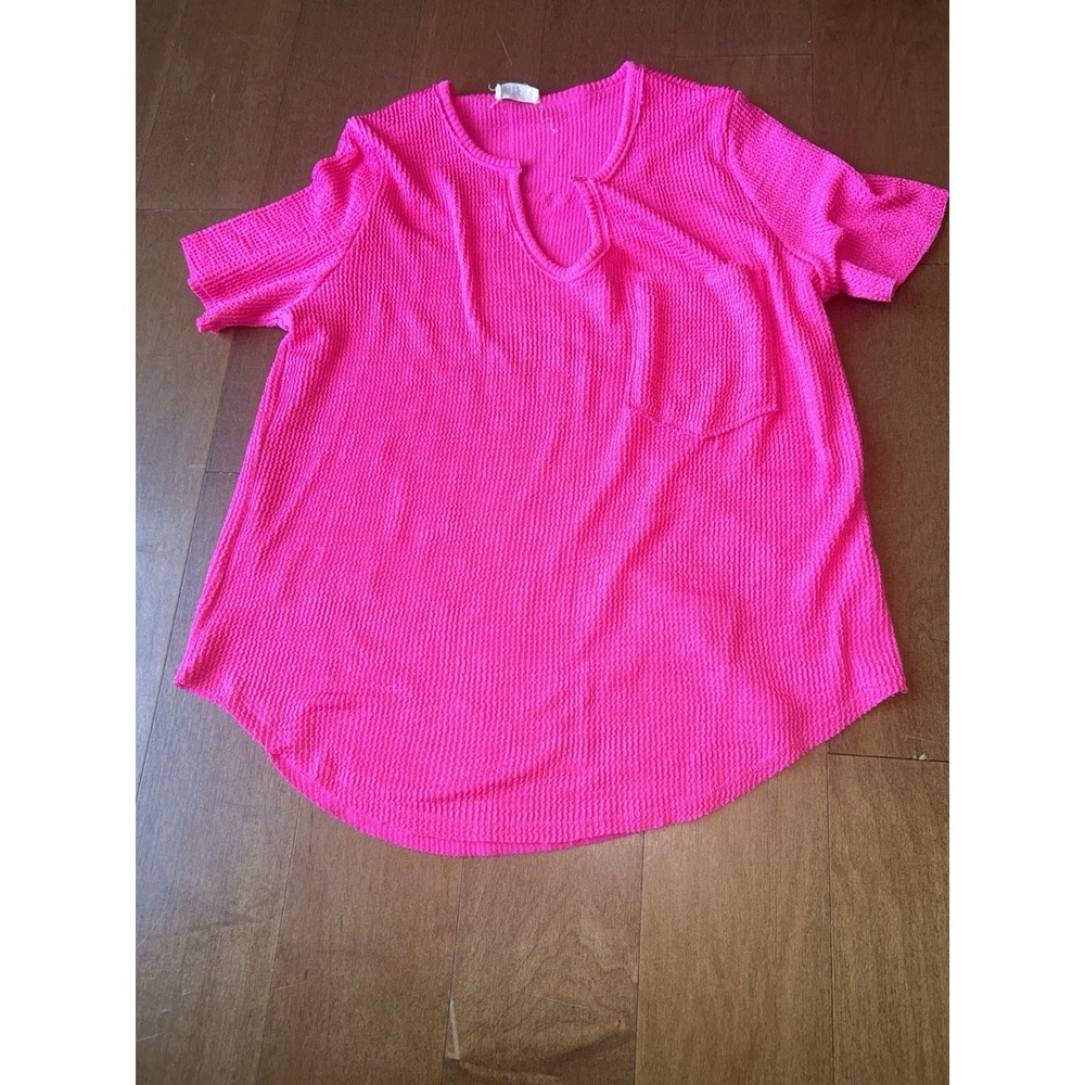 BiBi Waved Rib U Neck Top Front Pocket Fuchsia Hot Pink Boho Boutique Summer - Picture 3 of 8
